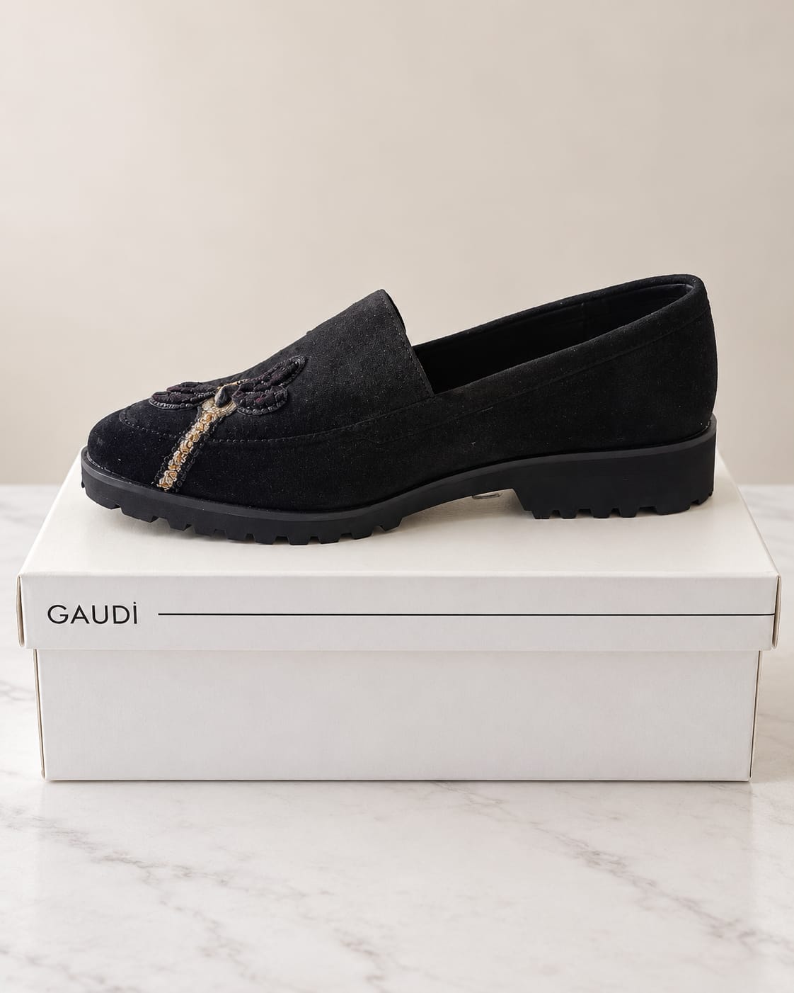 Mocassins femme GAUDÌ noirs – Détails dorés – Pointure 38
