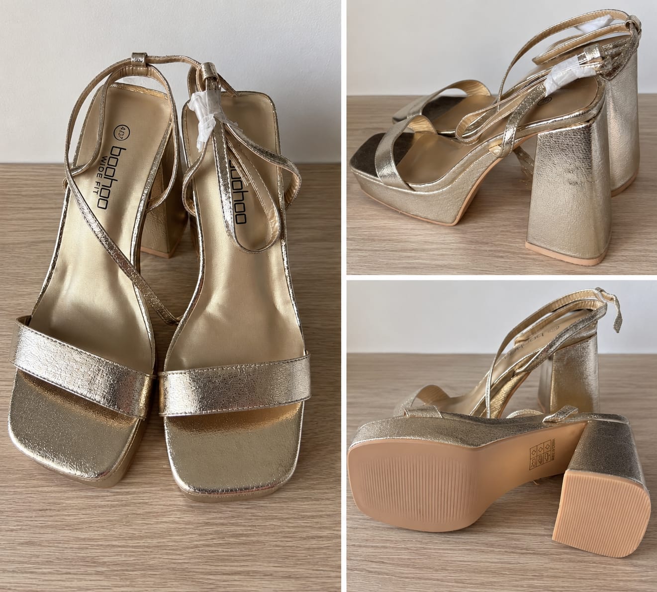 Sandales femme BOOHOO dorées à talons carrés et plateforme